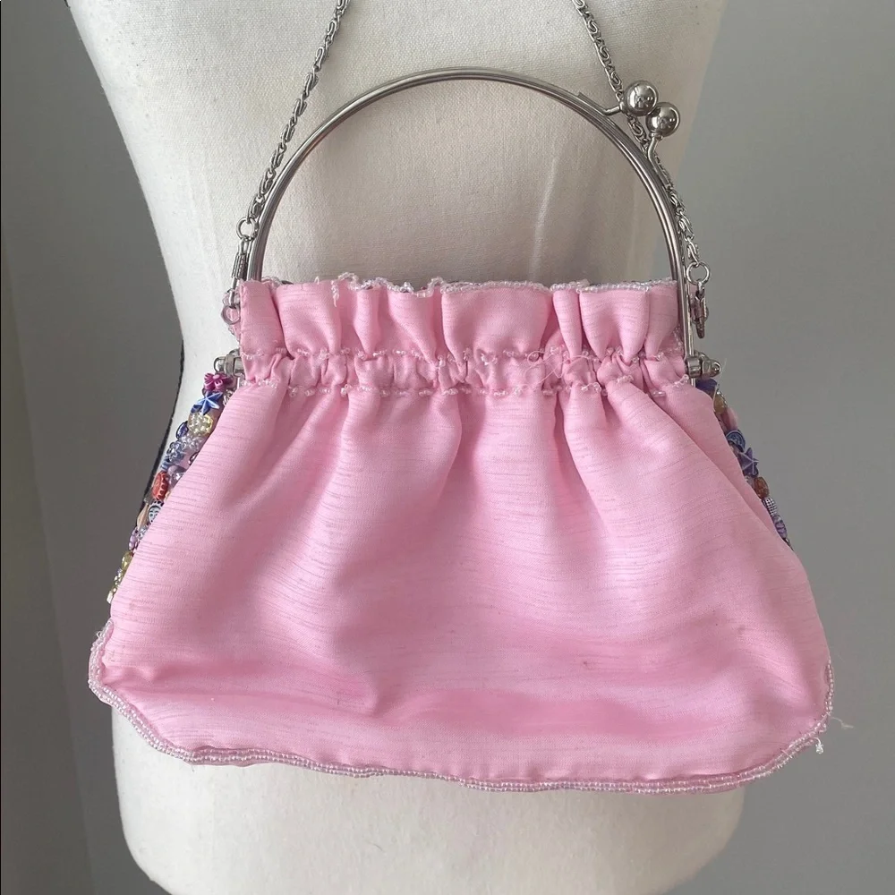 Vintage La Viola fun beaded crossbody handbag kiss closure pink sateen quirky - Picture 5 of 13